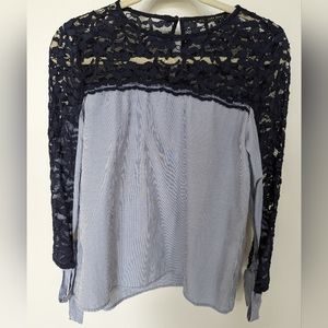 ZARA BASIC Blue White Striped Sheer Lace Blouse, size S, never worn!!!